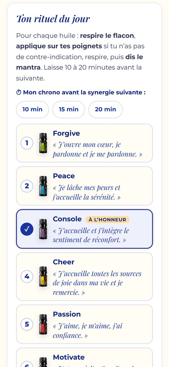 Tes 6 synergies et leur mantra, avec ton chrono
