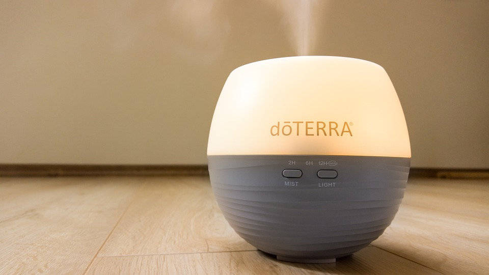 Le diffuseur Petal allumé, qui diffuse dans le salon