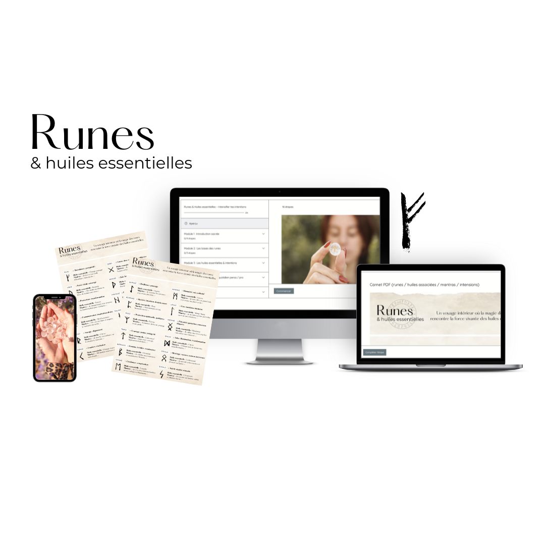 Aperçu de la formation Runes & huiles essentielles sur ordinateur, téléphone et en fiches imprimées