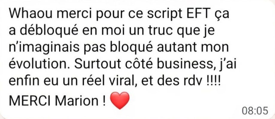 Whaou merci pour ce script EFT, ça a débloqué en moi un truc que je n’imaginais pas bloqué autant mon évolution. Surtout côté business, j’ai enfin eu un réel viral, et des rdv ! Merci Marion !